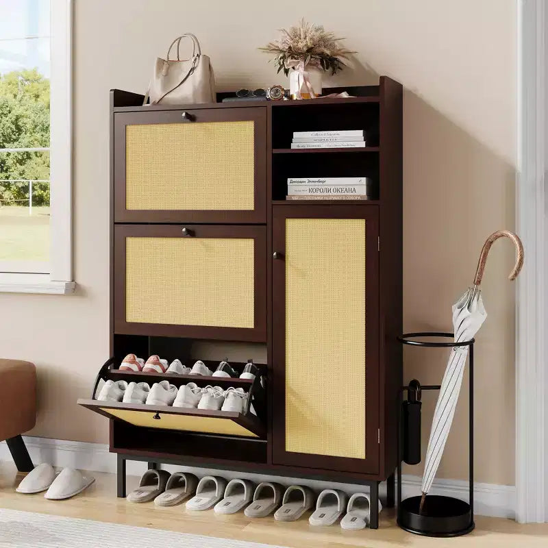 Meuble à chaussures en rotin naturel, organisateur de rangement autonome avec 3 tiroirs pivotants et 5 étagères, mobilier moderne pour entrée, couloir, dressing