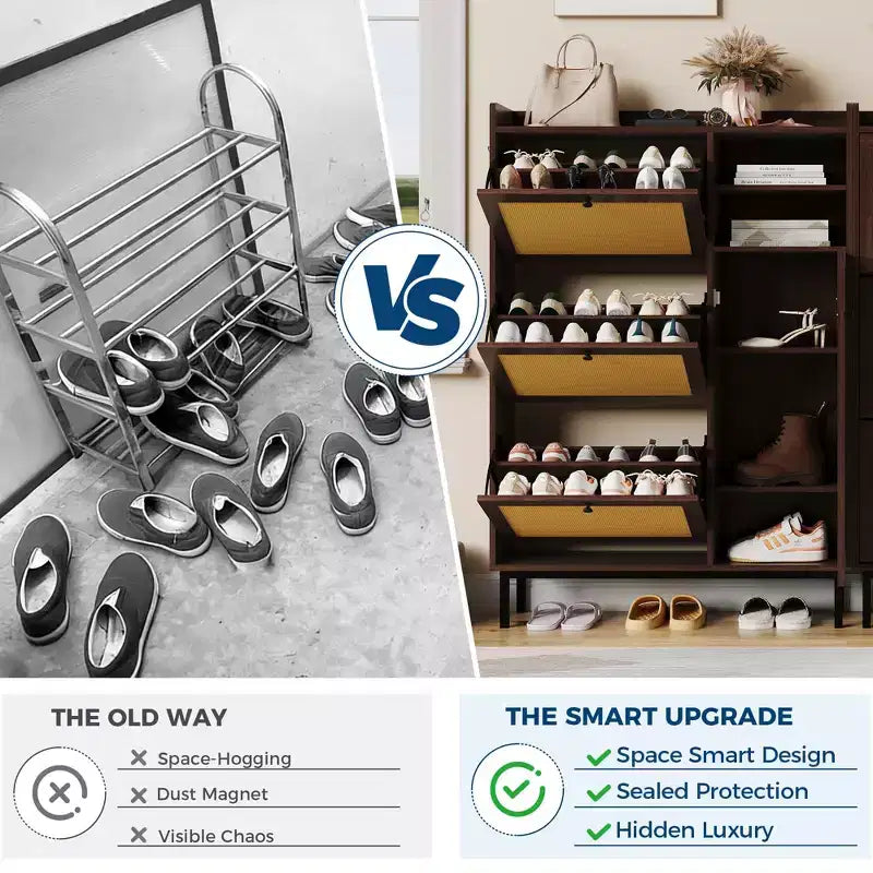 Meuble à chaussures en rotin naturel, organisateur de rangement autonome avec 3 tiroirs pivotants et 5 étagères, mobilier moderne pour entrée, couloir, dressing