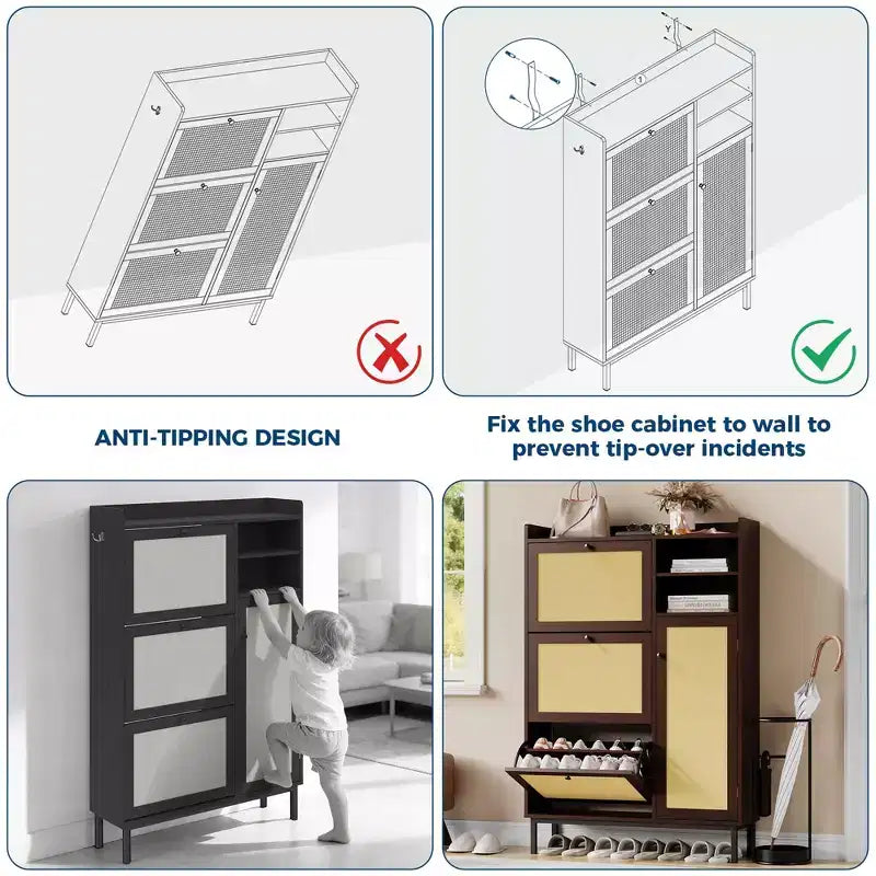 Meuble à chaussures en rotin naturel, organisateur de rangement autonome avec 3 tiroirs pivotants et 5 étagères, mobilier moderne pour entrée, couloir, dressing