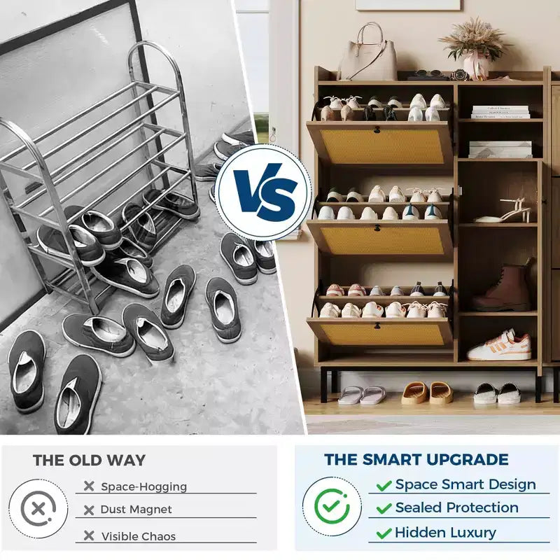 Meuble à chaussures en rotin naturel, organisateur de rangement autonome avec 3 tiroirs pivotants et 5 étagères, mobilier moderne pour entrée, couloir, dressing