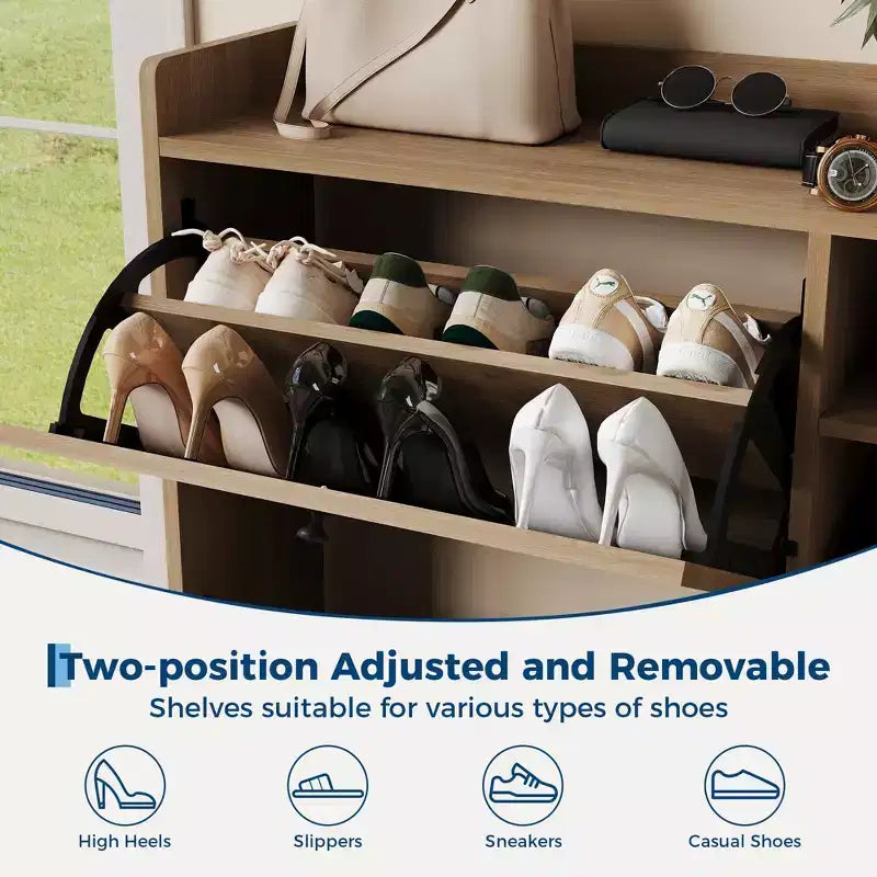 Meuble à chaussures en rotin naturel, organisateur de rangement autonome avec 3 tiroirs pivotants et 5 étagères, mobilier moderne pour entrée, couloir, dressing