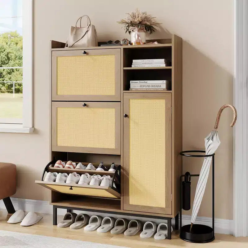 Meuble à chaussures en rotin naturel, organisateur de rangement autonome avec 3 tiroirs pivotants et 5 étagères, mobilier moderne pour entrée, couloir, dressing