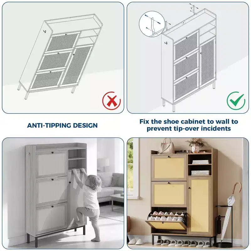 Meuble à chaussures en rotin naturel, organisateur de rangement autonome avec 3 tiroirs pivotants et 5 étagères, mobilier moderne pour entrée, couloir, dressing