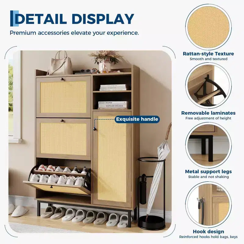 Meuble à chaussures en rotin naturel, organisateur de rangement autonome avec 3 tiroirs pivotants et 5 étagères, mobilier moderne pour entrée, couloir, dressing
