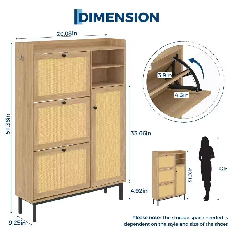 Meuble à chaussures en rotin naturel, organisateur de rangement autonome avec 3 tiroirs pivotants et 5 étagères, mobilier moderne pour entrée, couloir, dressing
