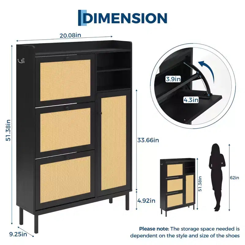 Meuble à chaussures en rotin naturel, organisateur de rangement autonome avec 3 tiroirs pivotants et 5 étagères, mobilier moderne pour entrée, couloir, dressing