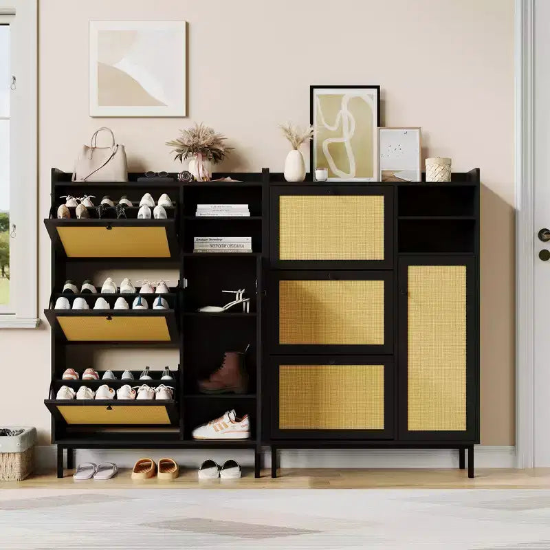 Meuble à chaussures en rotin naturel, organisateur de rangement autonome avec 3 tiroirs pivotants et 5 étagères, mobilier moderne pour entrée, couloir, dressing