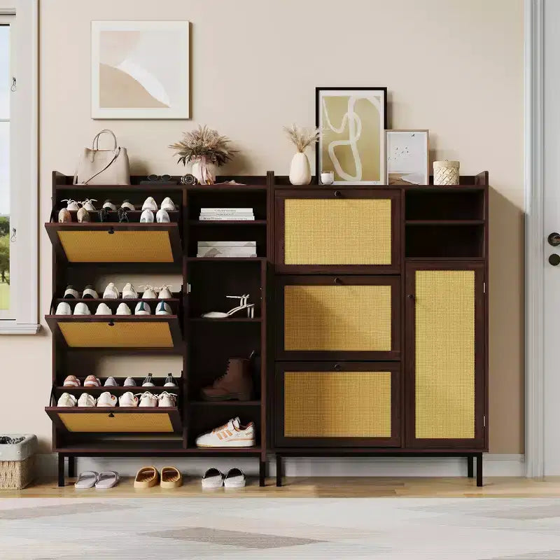 Meuble à chaussures en rotin naturel, organisateur de rangement autonome avec 3 tiroirs pivotants et 5 étagères, mobilier moderne pour entrée, couloir, dressing