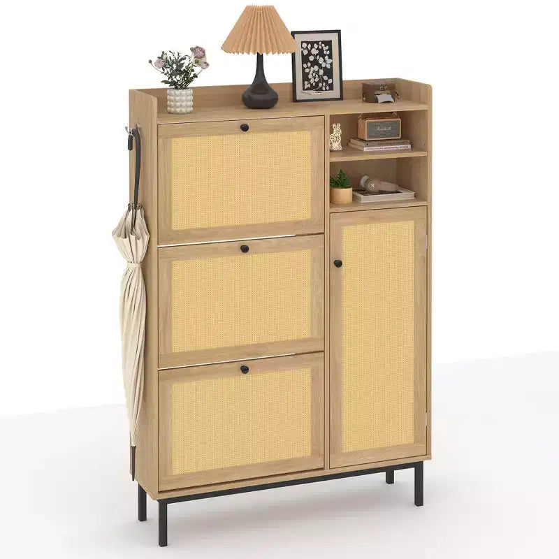 Meuble à chaussures en rotin naturel, organisateur de rangement autonome avec 3 tiroirs pivotants et 5 étagères, mobilier moderne pour entrée, couloir, dressing