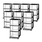 Sterilite 3 Drawer Storage Cart, Plastic Rolling Medium Organizer, Black, 8 Pack