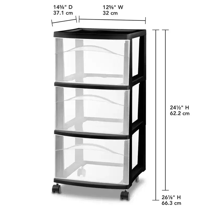 Chariot de rangement Sterilite à 3 tiroirs, Organiseur roulant moyen en plastique, Noir, Lot de 8