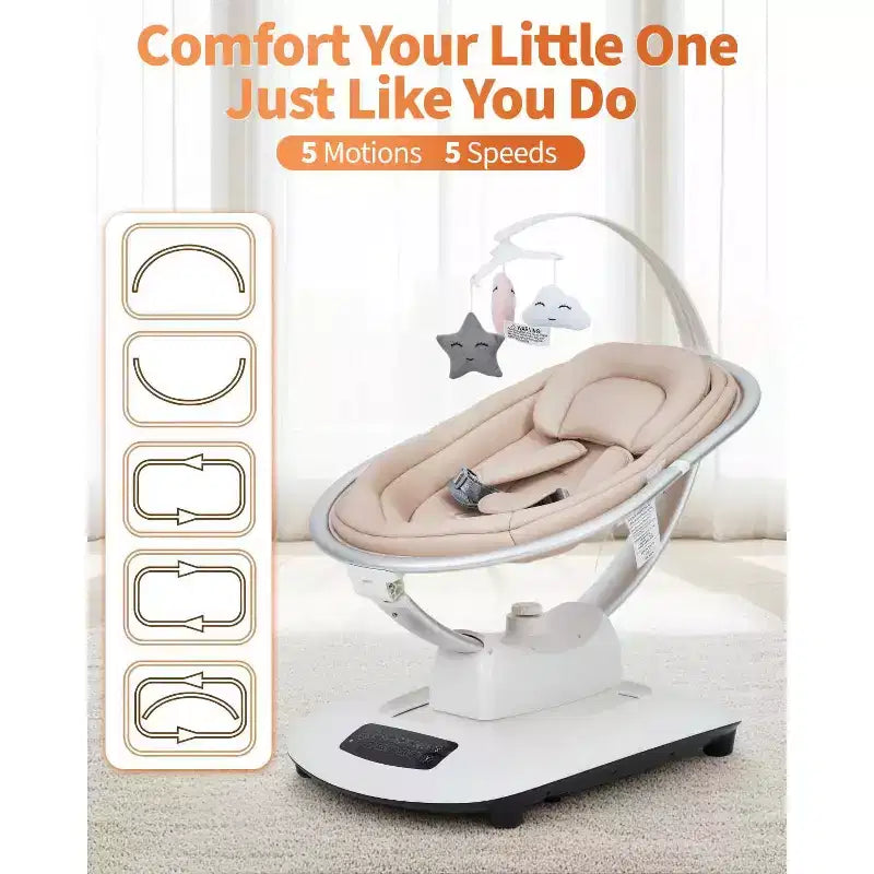 Balançoire bébé pour nourrissons et tout-petits, balançoire pour bébé avec 5 modes de mouvement et 5 vitesses, siège inclinable avec harnais à 5 points