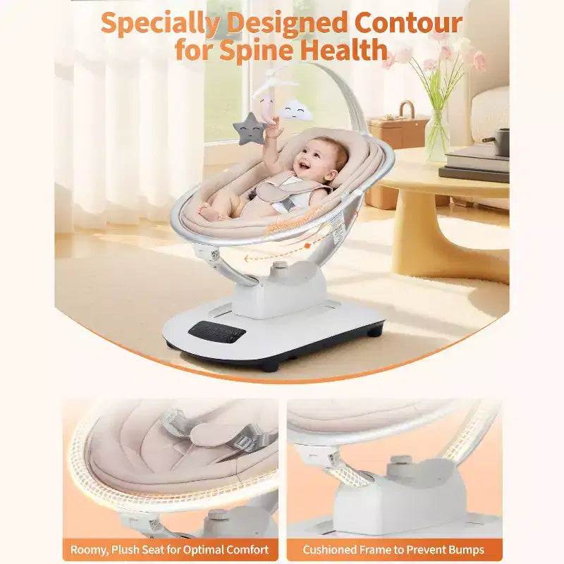 Balançoire bébé pour nourrissons et tout-petits, balançoire pour bébé avec 5 modes de mouvement et 5 vitesses, siège inclinable avec harnais à 5 points