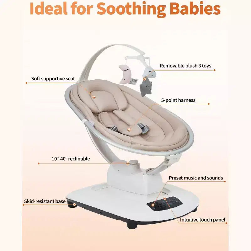 Balançoire bébé pour nourrissons et tout-petits, balançoire pour bébé avec 5 modes de mouvement et 5 vitesses, siège inclinable avec harnais à 5 points