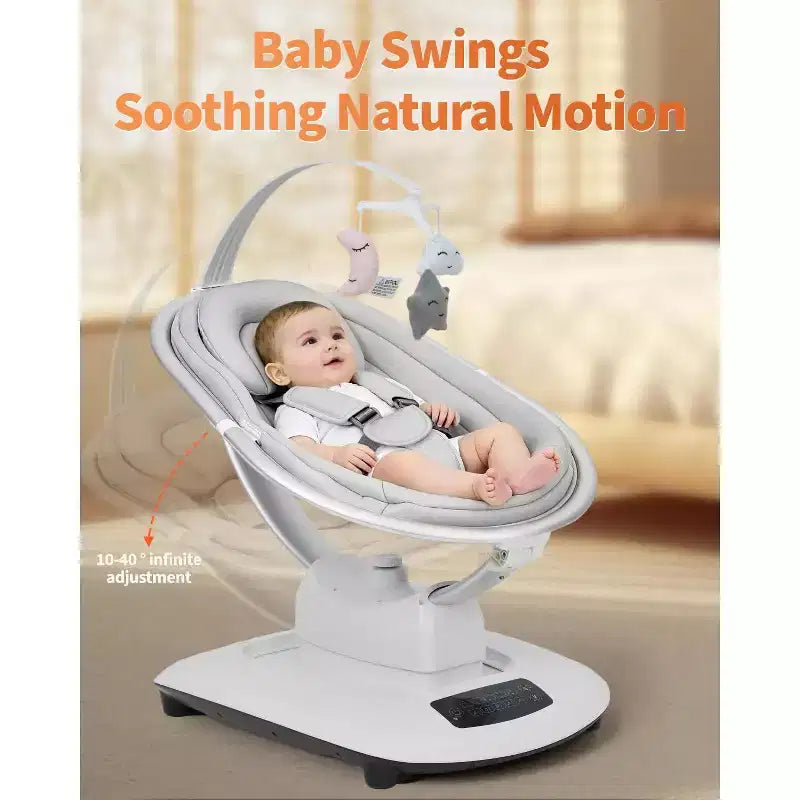 Balançoire bébé pour nourrissons et tout-petits, balançoire pour bébé avec 5 modes de mouvement et 5 vitesses, siège inclinable avec harnais à 5 points