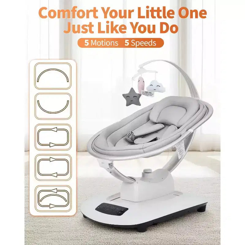 Balançoire bébé pour nourrissons et tout-petits, balançoire pour bébé avec 5 modes de mouvement et 5 vitesses, siège inclinable avec harnais à 5 points