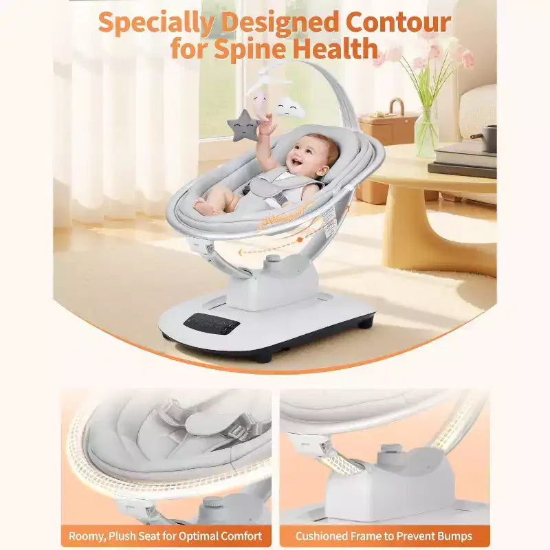 Balançoire bébé pour nourrissons et tout-petits, balançoire pour bébé avec 5 modes de mouvement et 5 vitesses, siège inclinable avec harnais à 5 points
