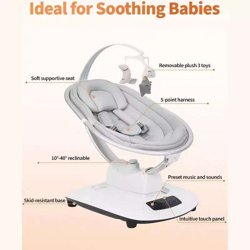 Balançoire bébé pour nourrissons et tout-petits, balançoire pour bébé avec 5 modes de mouvement et 5 vitesses, siège inclinable avec harnais à 5 points
