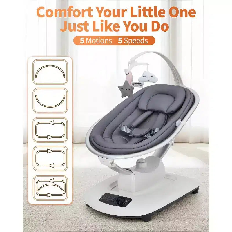 Balançoire bébé pour nourrissons et tout-petits, balançoire pour bébé avec 5 modes de mouvement et 5 vitesses, siège inclinable avec harnais à 5 points