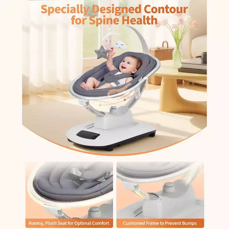 Balançoire bébé pour nourrissons et tout-petits, balançoire pour bébé avec 5 modes de mouvement et 5 vitesses, siège inclinable avec harnais à 5 points