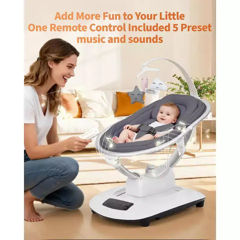 Balançoire bébé pour nourrissons et tout-petits, balançoire pour bébé avec 5 modes de mouvement et 5 vitesses, siège inclinable avec harnais à 5 points