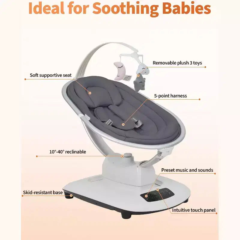 Balançoire bébé pour nourrissons et tout-petits, balançoire pour bébé avec 5 modes de mouvement et 5 vitesses, siège inclinable avec harnais à 5 points