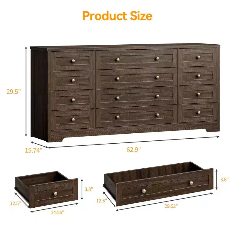 Commode moderne en bois robuste à 12 tiroirs pour chambre à coucher, 160 cm de large, commode de rangement et meuble TV, armoire de rangement profonde, idéale pour le salon et le couloir