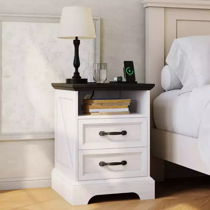 Tables de chevet de style ferme moderne - 45,7 cm de large avec station de charge (USB/prises) et 2 tiroirs, Blanc rustique+Noir