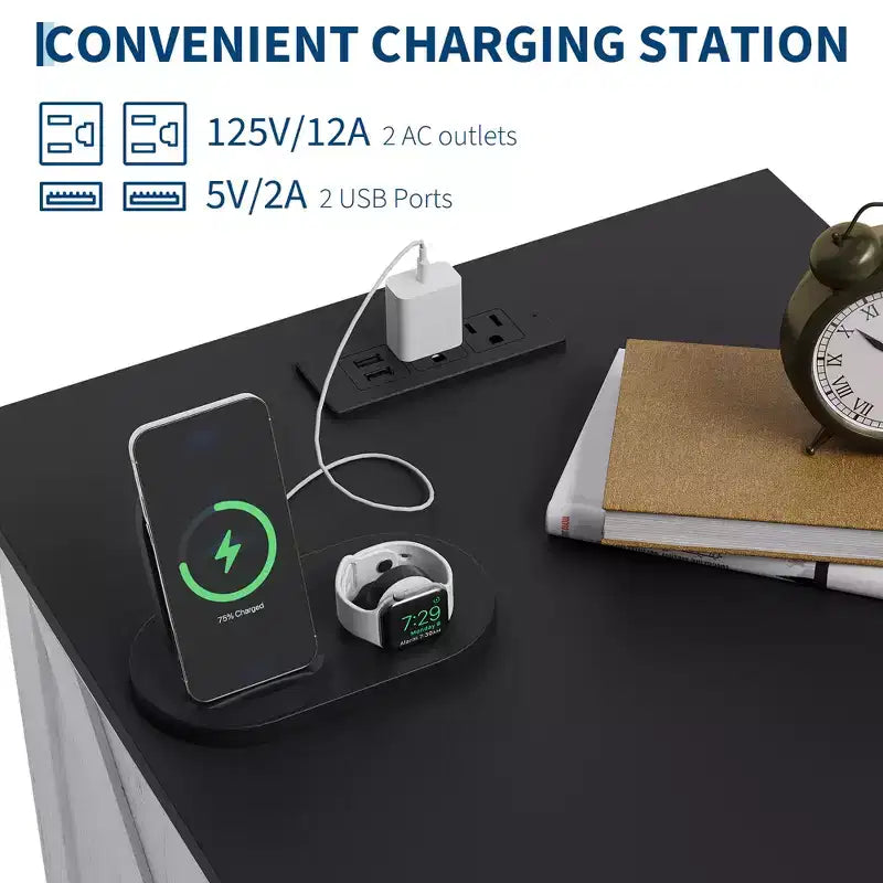 Tables de chevet de style ferme moderne - 45,7 cm de large avec station de charge (USB/prises) et 2 tiroirs, Blanc rustique+Noir