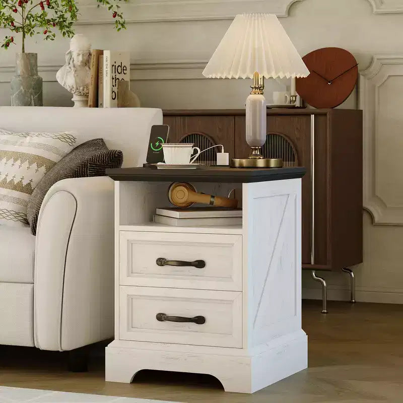 Tables de chevet de style ferme moderne - 45,7 cm de large avec station de charge (USB/prises) et 2 tiroirs, Blanc rustique+Noir