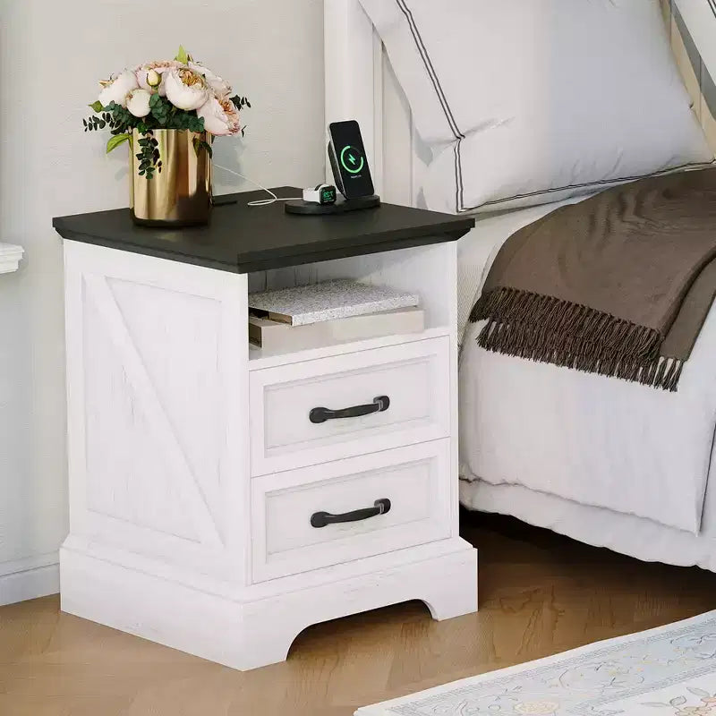 Tables de chevet de style ferme moderne - 45,7 cm de large avec station de charge (USB/prises) et 2 tiroirs, Blanc rustique+Noir