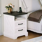 Tables de chevet de style ferme moderne - 45,7 cm de large avec station de charge (USB/prises) et 2 tiroirs, Blanc rustique+Noir