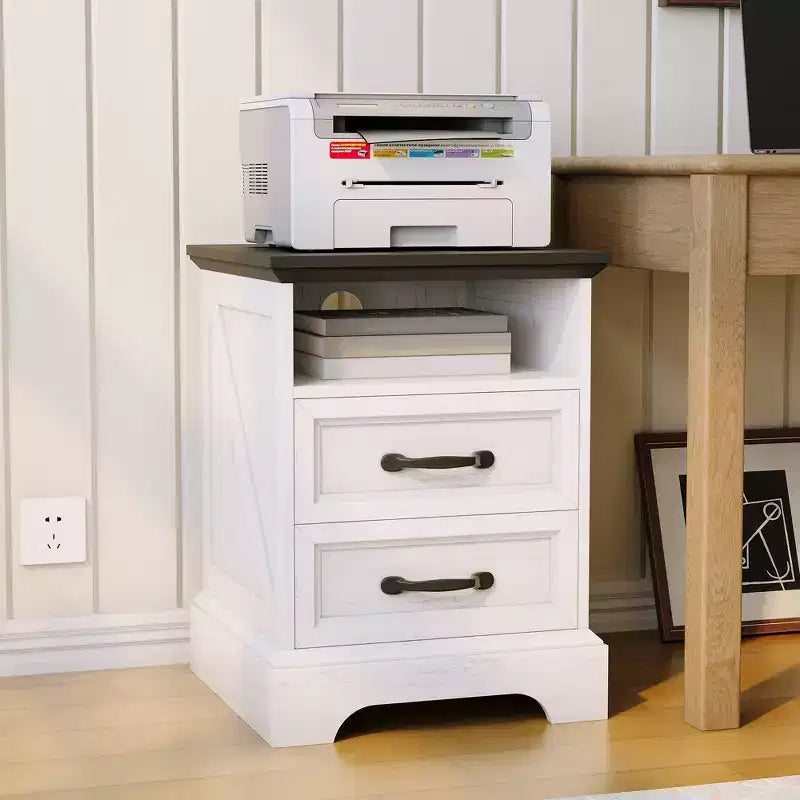 Tables de chevet de style ferme moderne - 45,7 cm de large avec station de charge (USB/prises) et 2 tiroirs, Blanc rustique+Noir