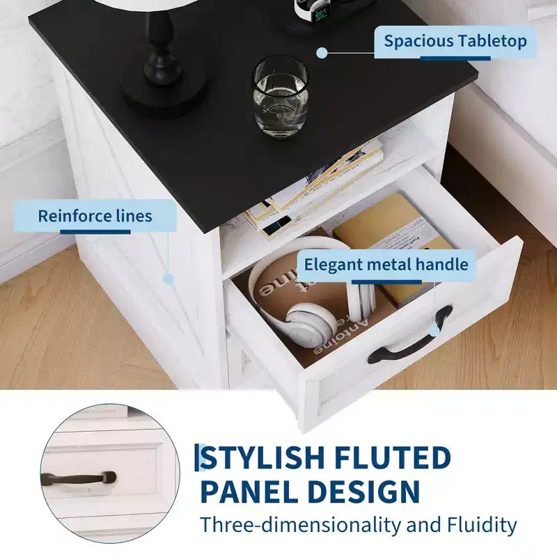 Tables de chevet de style ferme moderne - 45,7 cm de large avec station de charge (USB/prises) et 2 tiroirs, Blanc rustique+Noir