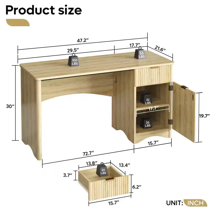 Bestier Bureau d'ordinateur 119,4 cm avec tiroir, bureau moderne pour la maison et le bureau avec armoire de rangement, bureau d'étude pour PC avec cannelures pour petits espaces