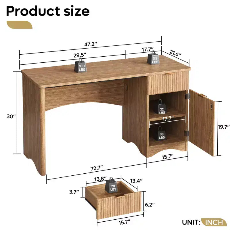 Bestier Bureau d'ordinateur 119,4 cm avec tiroir, bureau moderne pour la maison et le bureau avec armoire de rangement, bureau d'étude pour PC avec cannelures pour petits espaces