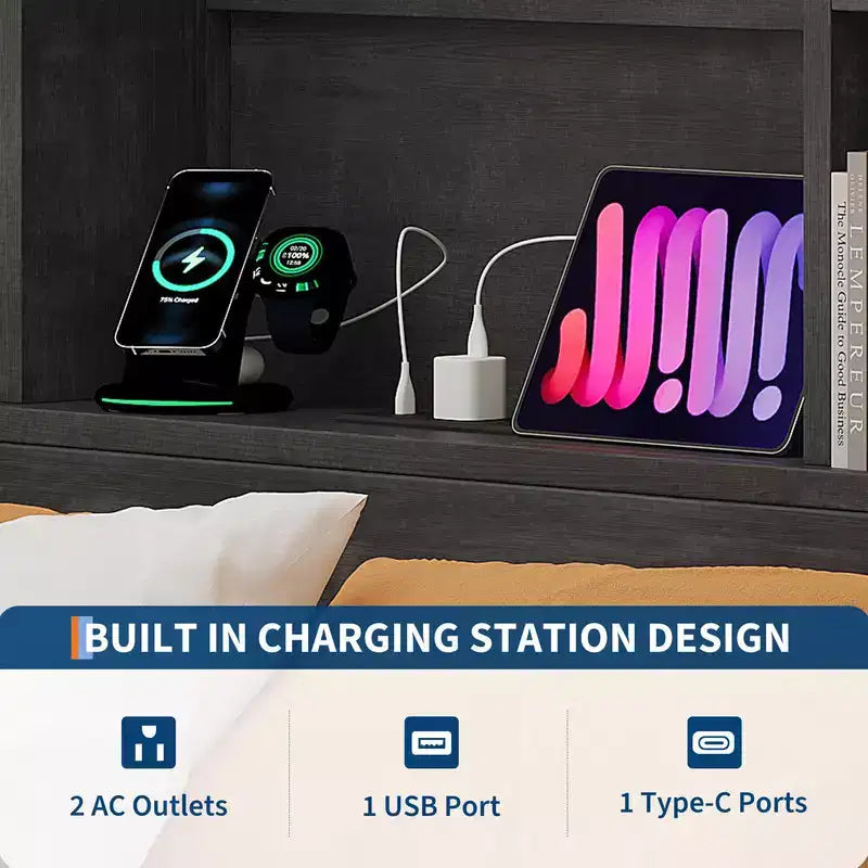 Cadre de lit Coolmee avec tête de lit bibliothèque haute de rangement, 4 tiroirs et station de charge intégrée, cadre en métal silencieux, aucun sommier tapissier requis