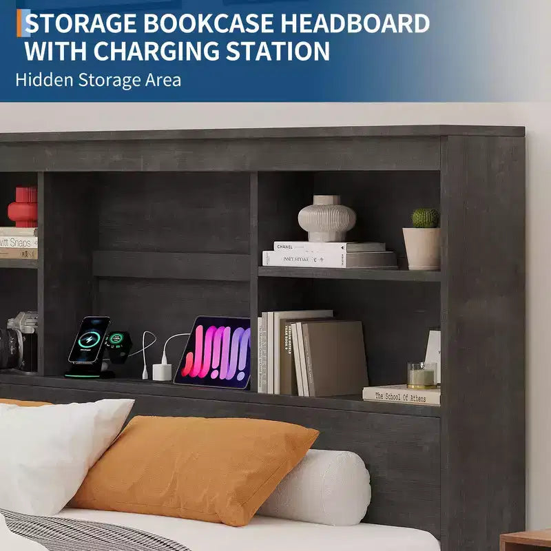 Cadre de lit Coolmee avec tête de lit bibliothèque haute de rangement, 4 tiroirs et station de charge intégrée, cadre en métal silencieux, aucun sommier tapissier requis