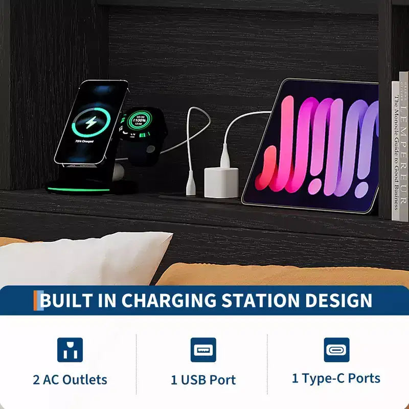 Cadre de lit Coolmee avec tête de lit bibliothèque haute de rangement, 4 tiroirs et station de charge intégrée, cadre en métal silencieux, aucun sommier tapissier requis
