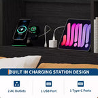 Cadre de lit Coolmee avec tête de lit bibliothèque haute de rangement, 4 tiroirs et station de charge intégrée, cadre en métal silencieux, aucun sommier tapissier requis
