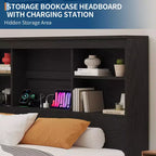 Cadre de lit Coolmee avec tête de lit bibliothèque haute de rangement, 4 tiroirs et station de charge intégrée, cadre en métal silencieux, aucun sommier tapissier requis