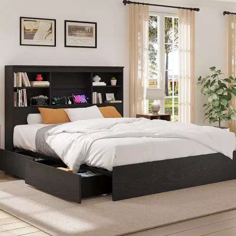 Coolmee Bed Frame with High Storage Bookcase Headboard, 4 Drawers & Built-in Charging Station, Metal Frame Noise-Free No Box Spring Needed
