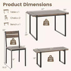 Ensemble de table à manger Costway 47 pour 4 personnes, table de cuisine en bois avec 2 chaises et banc, cadre en métal