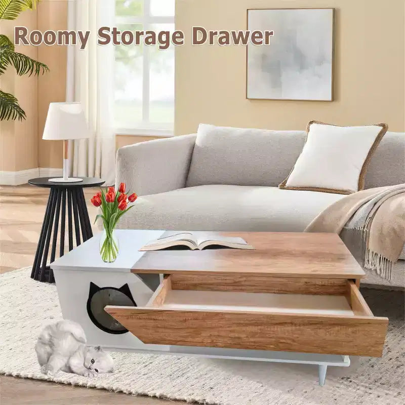 Table Basse de 45" pour Chat, Cache-litière Intégré, Meuble pour Chats avec Tiroir de Rangement pour Salon