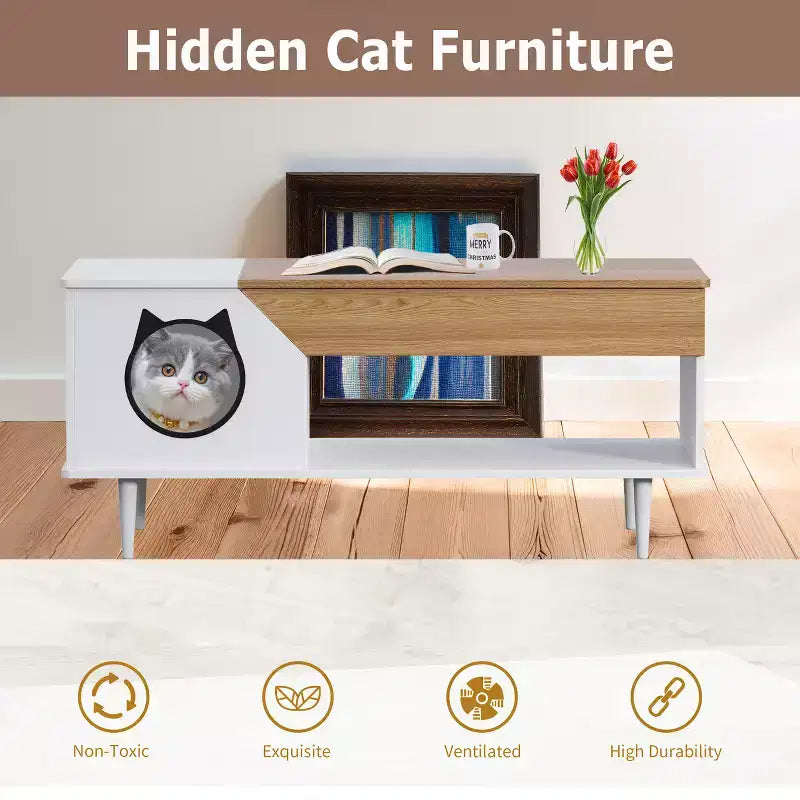 Table Basse de 45" pour Chat, Cache-litière Intégré, Meuble pour Chats avec Tiroir de Rangement pour Salon