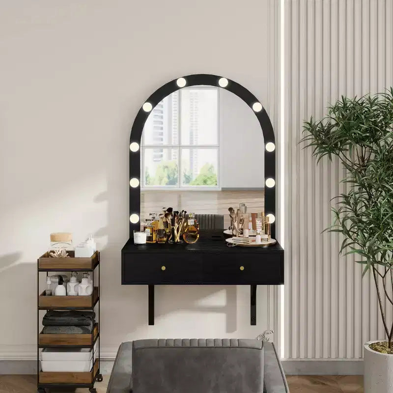Coiffeuse murale Whisen, Meuble-lavabo de maquillage flottant, Coiffeuse moderne avec miroir, Grand rangement