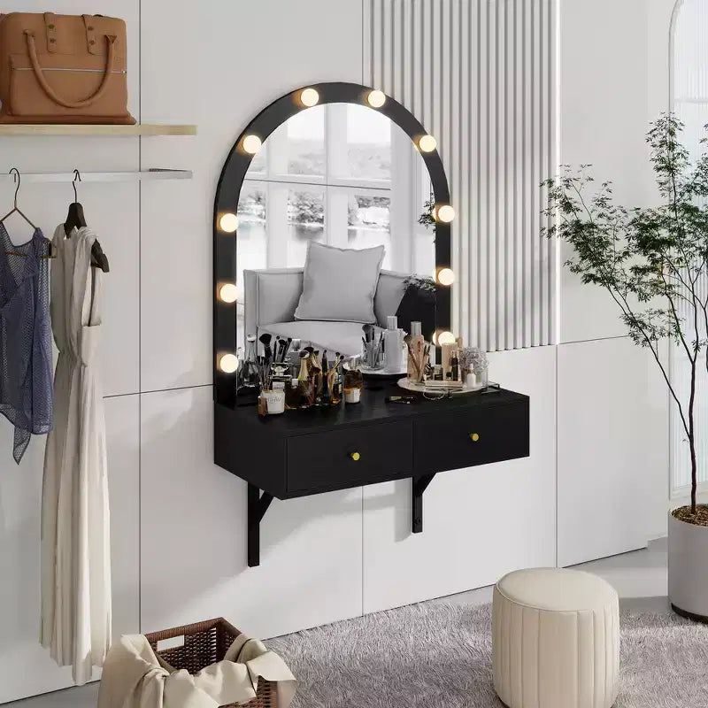 Coiffeuse murale Whisen, Meuble-lavabo de maquillage flottant, Coiffeuse moderne avec miroir, Grand rangement