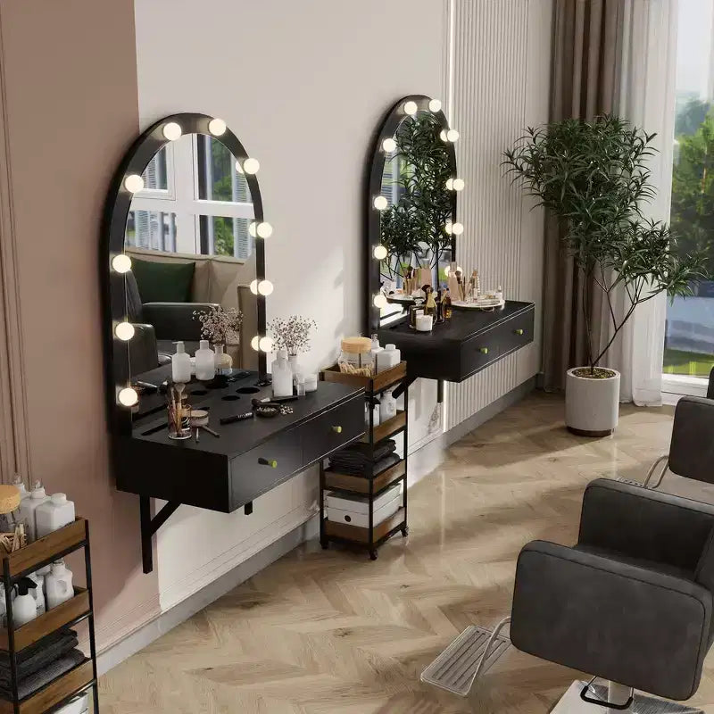 Coiffeuse murale Whisen, Meuble-lavabo de maquillage flottant, Coiffeuse moderne avec miroir, Grand rangement
