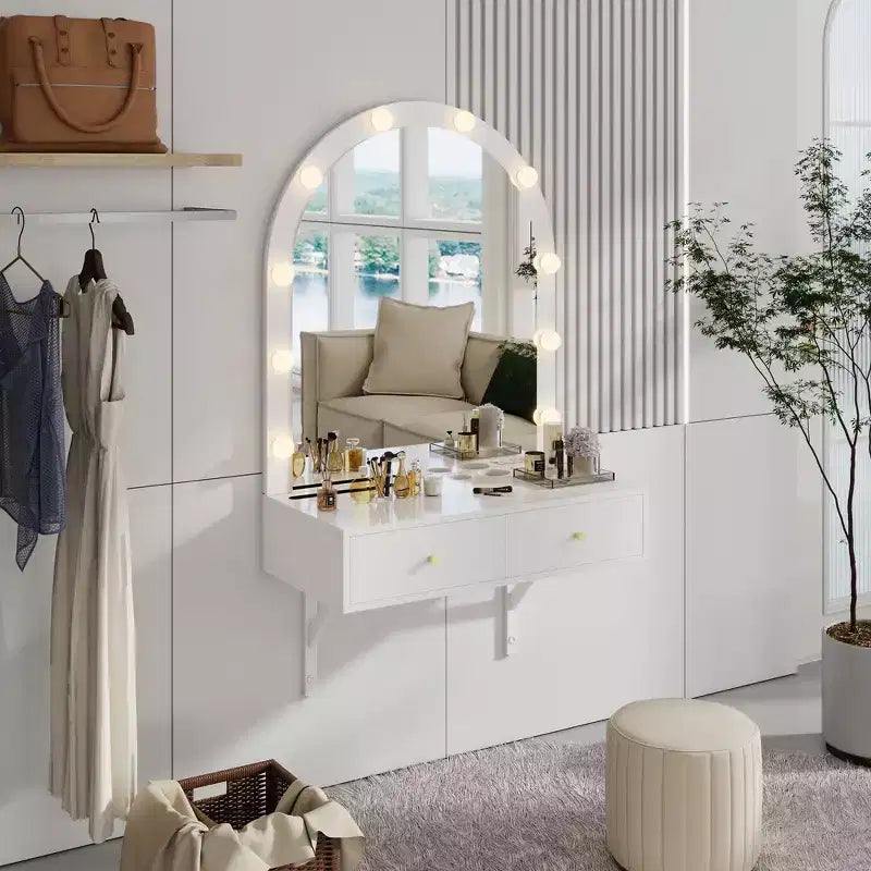 Coiffeuse murale Whisen, Meuble-lavabo de maquillage flottant, Coiffeuse moderne avec miroir, Grand rangement