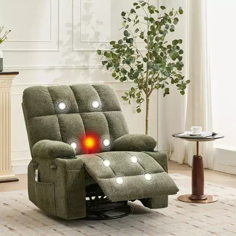 Fauteuil inclinable à bascule avec chauffage, fauteuil inclinable à bascule pivotant avec massage, poches latérales et porte-gobelets, canapé inclinable pour salon, chambre à coucher